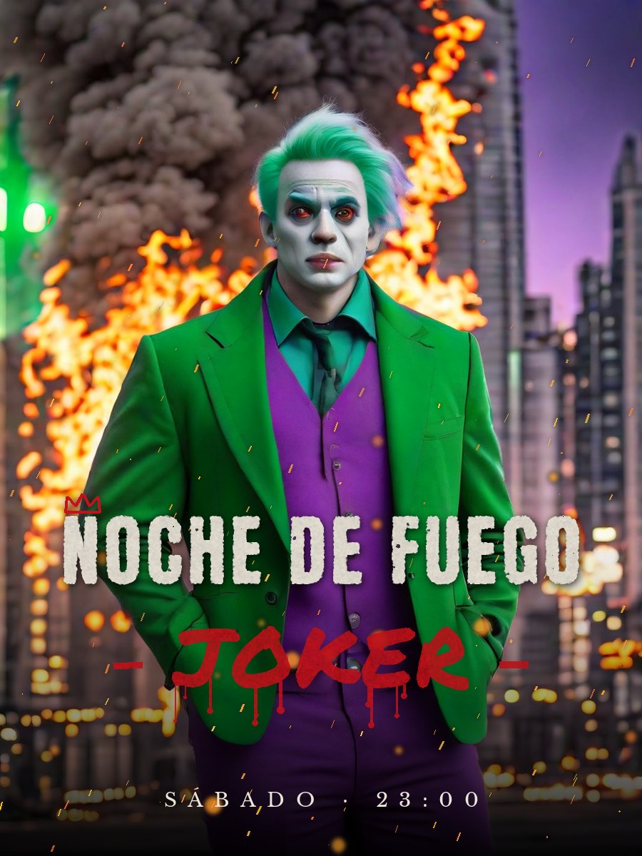 Flyer con una figura de payaso de traje morado ante una ciudad en llamas y el título Noche de fuego